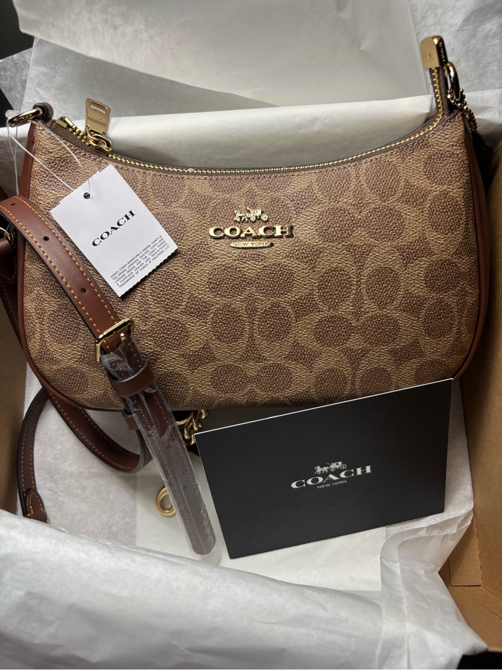 Coach (Teri Shoulder Bag) Signature Shoulder Bag Tan/Brown with Gold Accents NEW